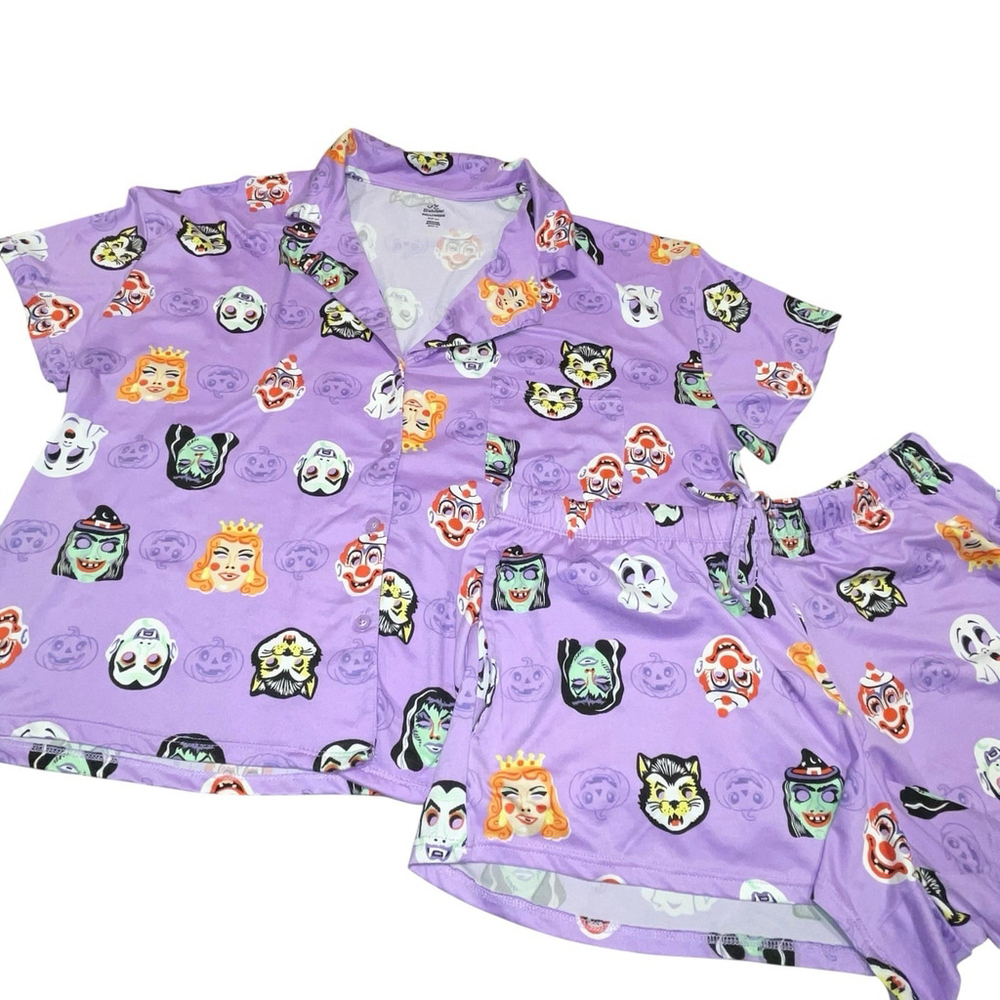 Way To Celebrate Halloween Purple Vtg Monster Mask Print Shorty PJ Set Sz Medium